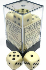 Ivory-colored six-sided dice with black pips are shown inside a clear square display case with a black base, with two loose dice in front showing multiple faces. The label reads “CHX 25600” and “CHESSEX.”
