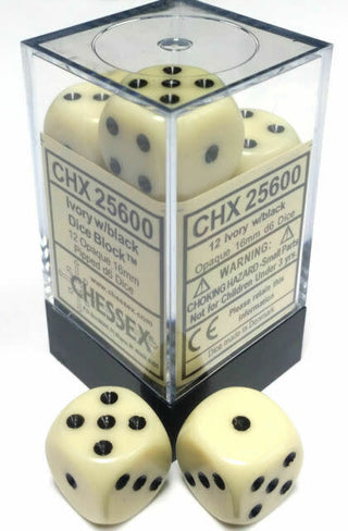 Chessex: Opaque Ivory w/Black Set of 12 d6 Dice