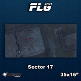 Sector 17 gaming mat shown as a wide preview, with a dark gray sci-fi floor pattern, fine grid lines, panel outlines and small red accents. The graphic includes the logos “FLG MATS” and “Frontline Gaming,” plus the text “Sector 17” and “35x16”.