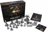 Dark Souls: Iron Keep Expansion box beside gray character and creature miniatures, cards, round tokens and a black game board piece. The box shows fiery fantasy artwork and the text “IRON KEEP EXPANSION” and “DARK SOULS THE BOARD GAME.”
