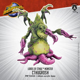 Green, spiked Cthugrosh monster miniature with purple tentacles and claws is shown on a white burst-style product card with a red top border. The card reads “MONSTERPOCALYPSE,” “LORDS OF CTHUL™ MONSTER,” and “CTHUGROSH.”