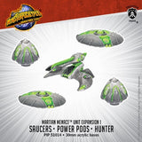 Product graphic for Monsterpocalypse: five gray Martian miniatures with bright green details—two saucers, two upright power pods and a central angular Hunter craft. Text reads “MARTIAN MENACE” and “SAUCERS • POWER PODS • HUNTER.”