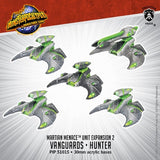 Five gray flying Martian miniatures with swept wings, dark panels and bright lime-green details are shown against a white burst background. The artwork reads “MONSTERPOCALYPSE” and “VANGUARDS • HUNTER.”