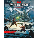 Front cover of the D&D role-playing game Essentials Kit, showing a huge blue-white dragon swooping over a snowy mountain scene toward two armed adventurers. The cover reads “D&D,” “ESSENTIALS KIT” and “DUNGEONS & DRAGONS.”
