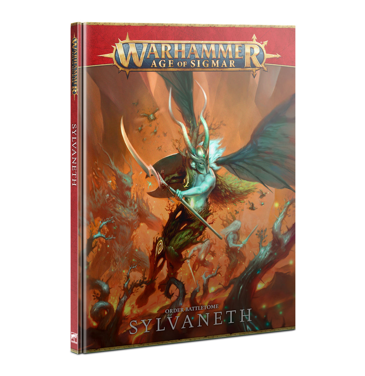 Front cover of the Sylvaneth battletome, shown upright with a red spine and orange-brown fantasy artwork of a blue-green winged forest warrior wielding a curved blade. The cover reads “WARHAMMER AGE OF SIGMAR” and “ORDER BATTLETOME SYLVANETH.”