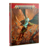 Front cover of the Sylvaneth battletome, shown upright with a red spine and orange-brown fantasy artwork of a blue-green winged forest warrior wielding a curved blade. The cover reads “WARHAMMER AGE OF SIGMAR” and “ORDER BATTLETOME SYLVANETH.”