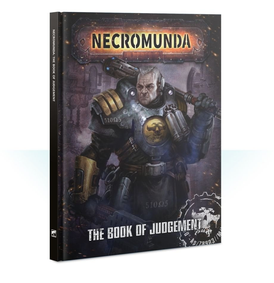 Necromunda: The Book of Judgement shown upright with its front cover and narrow black spine visible. The dark illustrated cover shows an armored man with gold shoulder plates and a weapon, with the titles “NECROMUNDA” and “THE BOOK OF JUDGEMENT.”