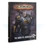Necromunda: The Book of Judgement shown upright with its front cover and narrow black spine visible. The dark illustrated cover shows an armored man with gold shoulder plates and a weapon, with the titles “NECROMUNDA” and “THE BOOK OF JUDGEMENT.”