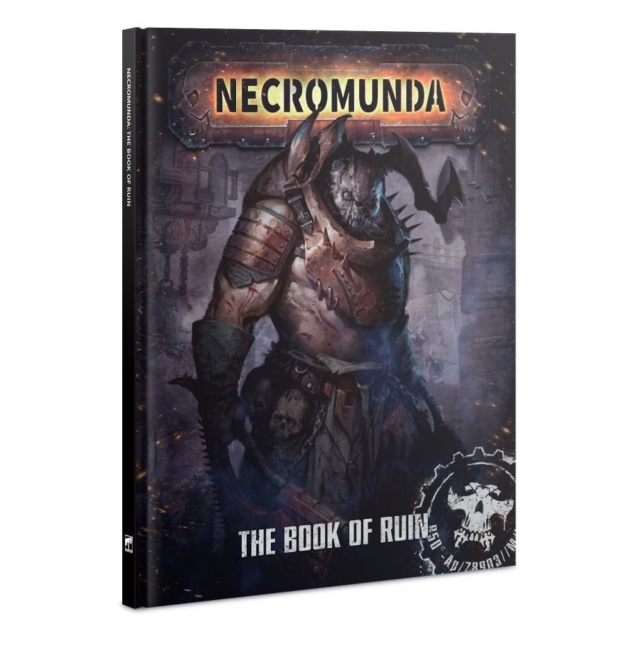 Necromunda: The Book of Ruin shown as a single dark hardcover rulebook, with a horned, armored figure on a smoky industrial background. The cover reads “NECROMUNDA” and “THE BOOK OF RUIN,” with a white skull emblem at the lower right.