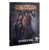 Necromunda: The Book of Ruin shown as a single dark hardcover rulebook, with a horned, armored figure on a smoky industrial background. The cover reads “NECROMUNDA” and “THE BOOK OF RUIN,” with a white skull emblem at the lower right.