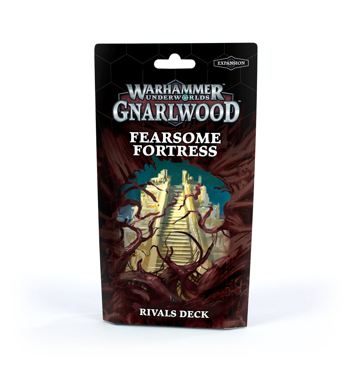 A black and dark red Warhammer Underworlds card pack stands upright, illustrated with a pale fortress staircase tangled in thorny branches. The packaging reads “Warhammer Underworlds,” “Fearsome Fortress” and “Rivals Deck.”