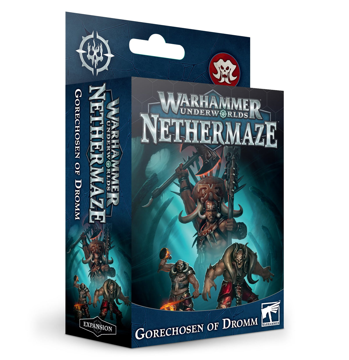 A dark blue Warhammer Underworlds game expansion box shows three armored fantasy warriors against a teal background. The front reads “Warhammer Underworlds: Nethermaze” and “Gorechosen of Dromm”; the left spine repeats the title, with an “Expansion” label near the bottom.