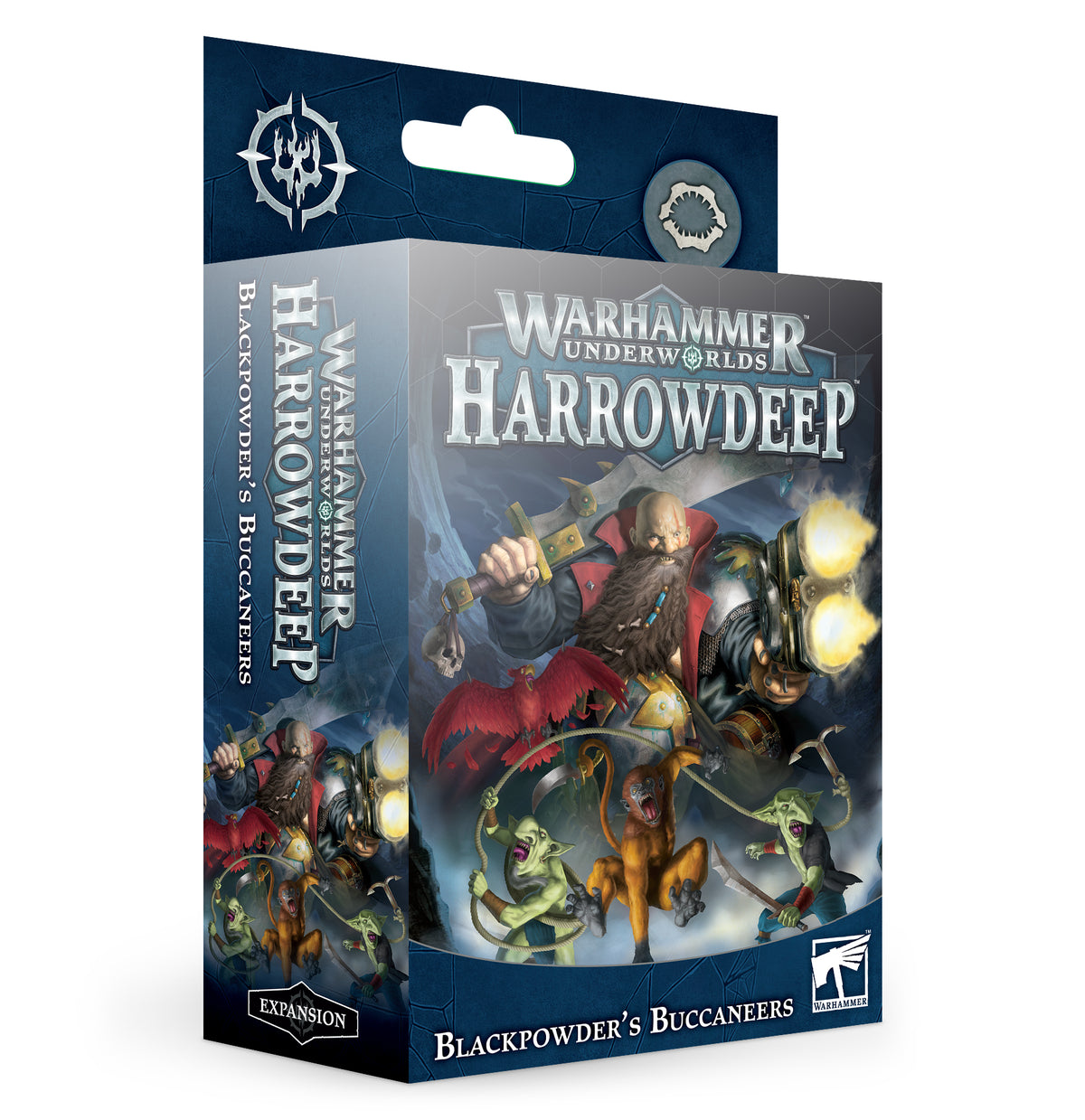 Angled view of a dark blue Warhammer Underworlds expansion box, showing the title “WARHAMMER UNDERWORLDS HARROWDEEP” and “BLACKPOWDER’S BUCCANEERS.” Artwork features a bearded ogre with a weapon and smaller creatures; the narrow side repeats the cover art.