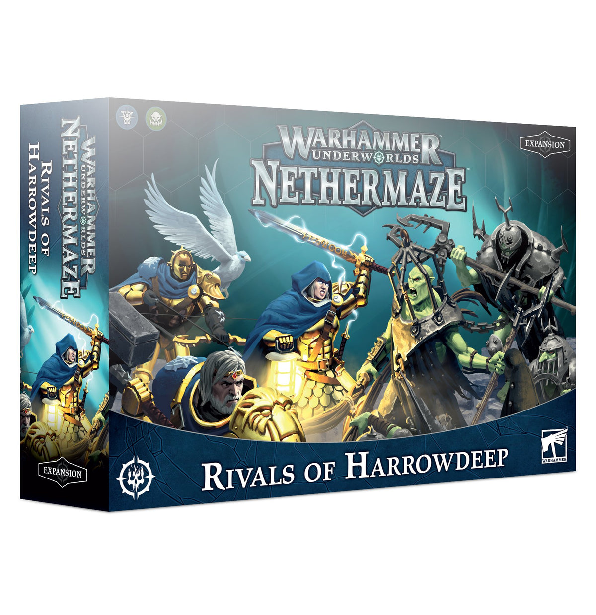Angled board game expansion box with a wide front and narrow left spine, featuring painted fantasy warriors in blue, gold, green and black armor. The box reads “WARHAMMER UNDERWORLDS NETHERMAZE” and “RIVALS OF HARROWDEEP.”