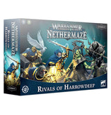 Angled board game expansion box with a wide front and narrow left spine, featuring painted fantasy warriors in blue, gold, green and black armor. The box reads “WARHAMMER UNDERWORLDS NETHERMAZE” and “RIVALS OF HARROWDEEP.”