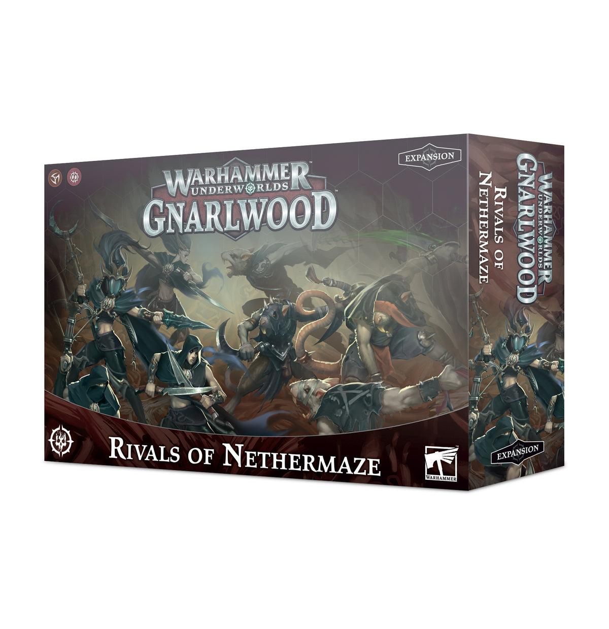 A dark illustrated game expansion box shown from the front and right side, with fantasy warriors and creatures in armor. The front reads “WARHAMMER UNDERWORLDS: GNARLWOOD” and “RIVALS OF NETHERMAZE,” with “EXPANSION” on a small badge.