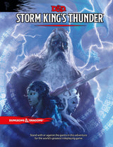 Cover of the D&D role-playing game adventure, with a towering white-bearded giant and two smaller figures amid blue lightning and swirling runes. The cover reads “STORM KING’S THUNDER” and “DUNGEONS & DRAGONS.”