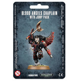 Packaged Blood Angels Chaplain miniature shown on a dark, mottled blue-gray card. The black-and-red armored figure has a skull-faced helmet, red wing-shaped backpack, raised staff and pistol; the card reads “BLOOD ANGELS CHAPLAIN WITH JUMP PACK” and “1 MINIATURE.”