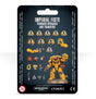 Front of a black hanging package showing a yellow Imperial Fists armored miniature with a raised fist, surrounded by yellow shoulder pads, weapons, heads and other upgrade parts. The title reads “IMPERIAL FISTS PRIMARIS UPGRADES AND TRANSFERS,” with Warhammer 40,000 and Citadel logos along the bottom.