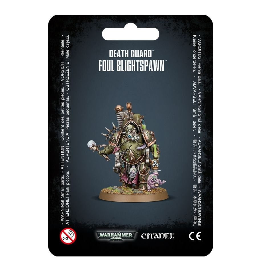 Front of a black-backed package showing a painted Foul Blightspawn miniature in mottled green, brown and purple armor, with a bulky tank on its back and a weapon, standing on a round base. White text reads “DEATH GUARD” and “FOUL BLIGHTSPAWN.”