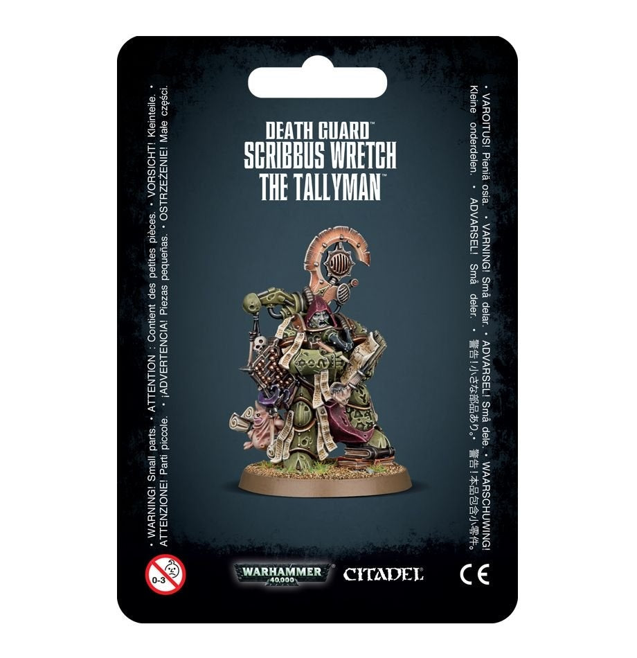 A painted green-armored fantasy miniature stands on a round brown base on a black hanging package card, holding papers with an abacus-like device behind him. The card reads “DEATH GUARD SCRIBBUS WRETCH THE TALLYMAN,” with Warhammer 40,000 and Citadel logos below.