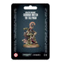 A painted green-armored fantasy miniature stands on a round brown base on a black hanging package card, holding papers with an abacus-like device behind him. The card reads “DEATH GUARD SCRIBBUS WRETCH THE TALLYMAN,” with Warhammer 40,000 and Citadel logos below.