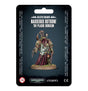 A painted Nauseous Rotbone miniature stands on a round base against a dark teal-and-black package card, wearing weathered green armor and a burgundy hood and cloak, with medical tools and a blade. The card reads “DEATH GUARD” and “NAUSEOUS ROTBONE THE PLAGUE SURGEON.”