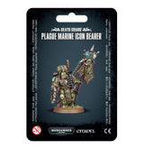 Front of a black-backed Warhammer miniature package showing a green, rusted armored Plague Marine holding a tall spiked banner with a blue circular emblem. The card reads “DEATH GUARD” and “PLAGUE MARINE ICON BEARER,” with Warhammer 40,000 and Citadel logos below.
