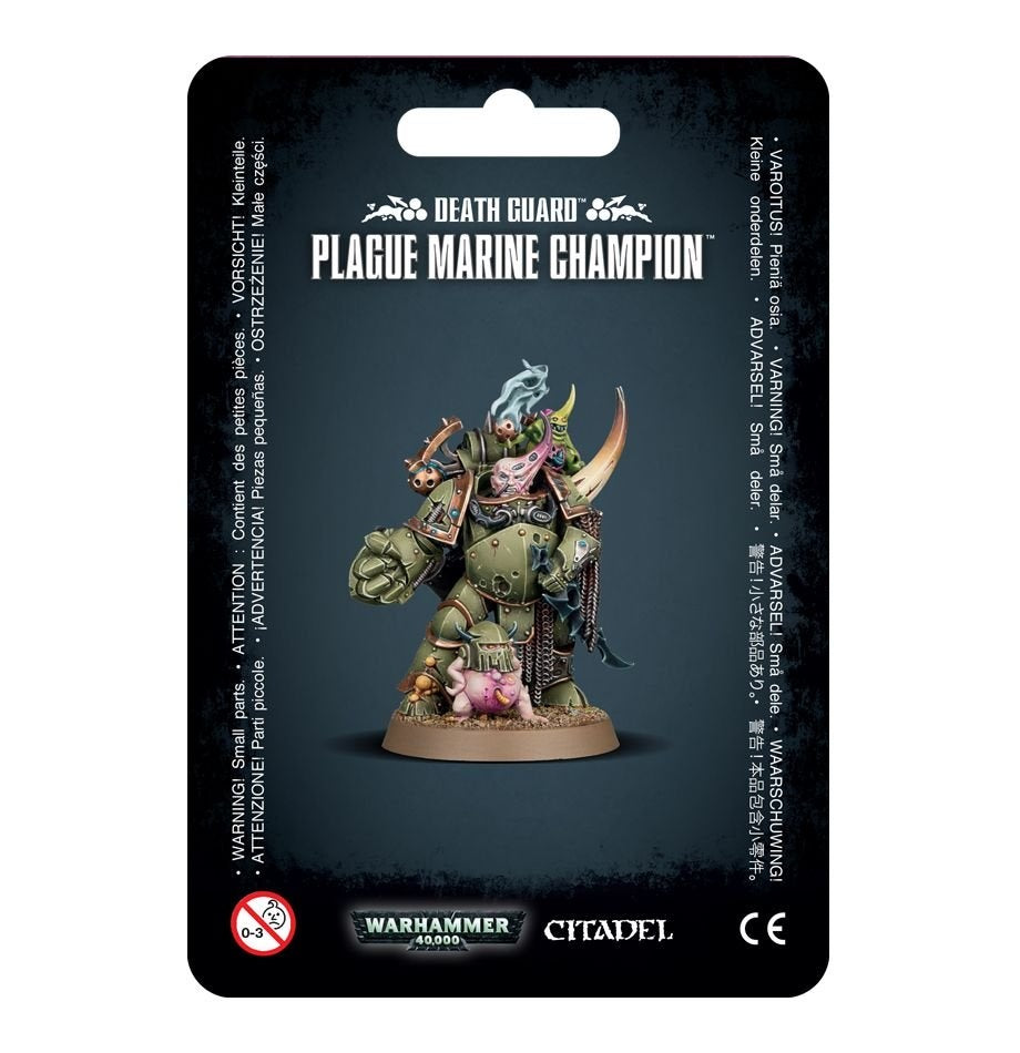 Front of a black Games Workshop package showing a green, rust-toned armored Plague Marine Champion miniature on a round base, with horns, chains and weapons. White lettering reads “DEATH GUARD” and “PLAGUE MARINE CHAMPION”; Warhammer 40,000 and Citadel logos appear below.