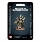 Front of a black Games Workshop package showing a green, rust-toned armored Plague Marine Champion miniature on a round base, with horns, chains and weapons. White lettering reads “DEATH GUARD” and “PLAGUE MARINE CHAMPION”; Warhammer 40,000 and Citadel logos appear below.