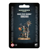 A painted Chaos Space Marines Sorcerer miniature is displayed on a dark backing card, holding a tall staff with a spiked sun emblem and a glowing orange object. The card reads “WARHAMMER 40,000,” “CHAOS SPACE MARINES” and “SORCERER.”