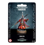 A packaged Aeldari Farseer miniature stands on a round base, wearing red-orange robes, a purple-trimmed cape and an ornate helmet, with a teal spear and one arm extended. The card reads “CRAFTWORLDS FARSEER” and “1 MINIATURE.”