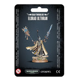 A packaged Eldrad Ulthran miniature stands on a rocky round base, wearing flowing cream-and-black robes with gold markings and raising a staff and sword. The black card reads “CRAFTWORLDS” and “ELDRAD ULTHRAN,” with Warhammer 40,000 and Citadel logos below.