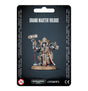 Front of a black-backed package displaying an armored Grey Knights miniature in silver and gray with gold details and red accents, holding a hammer and a large weapon. The card reads “GRAND MASTER VOLDUS” above the figure, with “WARHAMMER 40,000” and “CITADEL” logos below.