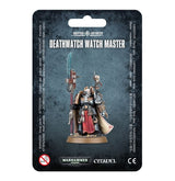A Watch Master miniature in ornate black, silver and gold armor, with a red front cloth, cream cape and upright spear with a blue blade, is displayed on a dark textured package card. The card reads “DEATHWATCH WATCH MASTER” and shows “WARHAMMER 40,000” and “CITADEL” logos.