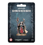 A Watch Master miniature in ornate black, silver and gold armor, with a red front cloth, cream cape and upright spear with a blue blade, is displayed on a dark textured package card. The card reads “DEATHWATCH WATCH MASTER” and shows “WARHAMMER 40,000” and “CITADEL” logos.