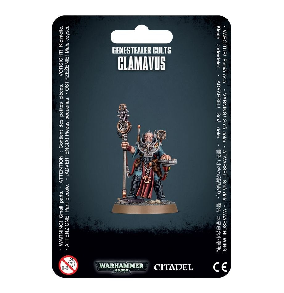 Front of a dark blue blister card showing a painted armored sci-fi miniature holding a tall staff and standing on a round base. The card reads “GENESTEALER CULTS” and “CLAMAVUS,” with “WARHAMMER 40,000” and “CITADEL” logos along the bottom.