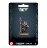 Front of a dark blue blister card showing a painted armored sci-fi miniature holding a tall staff and standing on a round base. The card reads “GENESTEALER CULTS” and “CLAMAVUS,” with “WARHAMMER 40,000” and “CITADEL” logos along the bottom.