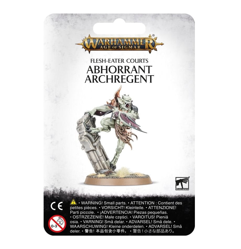 Packaged Abhorrant Archregent miniature shown on a round base, lunging beside a broken stone pillar with pale green skin, dark armor and a long blade. The card reads “WARHAMMER AGE OF SIGMAR” and “FLESH-EATER COURTS ABHORRANT ARCHREGENT.”