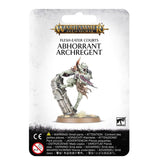 Packaged Abhorrant Archregent miniature shown on a round base, lunging beside a broken stone pillar with pale green skin, dark armor and a long blade. The card reads “WARHAMMER AGE OF SIGMAR” and “FLESH-EATER COURTS ABHORRANT ARCHREGENT.”