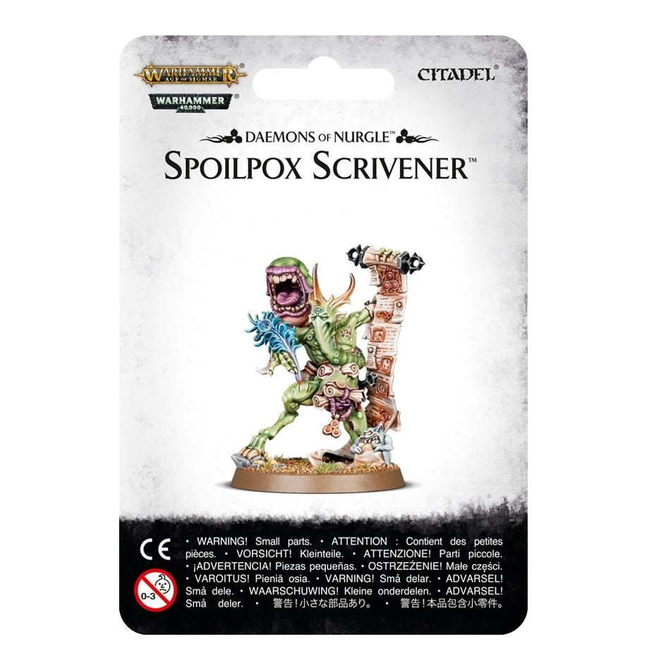 Packaged Spoilpox Scrivener miniature shown on a gray-white card, with a green, gaping-mawed creature beside a tall marked tally board. The card reads “DAEMONS OF NURGLE” and “SPOILPOX SCRIVENER,” with Warhammer and Citadel logos.