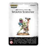 Packaged Spoilpox Scrivener miniature shown on a gray-white card, with a green, gaping-mawed creature beside a tall marked tally board. The card reads “DAEMONS OF NURGLE” and “SPOILPOX SCRIVENER,” with Warhammer and Citadel logos.