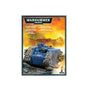 Front of a Warhammer 40,000 miniature box showing a blue, heavily armored tracked tank with gun barrels and insignia advancing through a rocky battlefield amid flames. The package reads “WARHAMMER 40,000” and “CITADEL.”