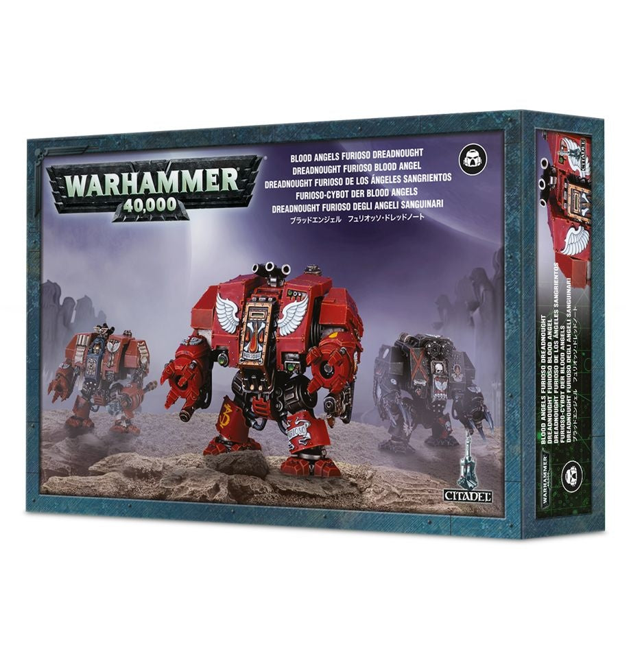 Box for a Warhammer 40,000 Blood Angels Furioso Dreadnought miniature kit, shown from the front and right side. The front artwork features a large red armored mech with white wing graphics between two darker mechs on rocky ground, beneath the text “WARHAMMER 40,000.”