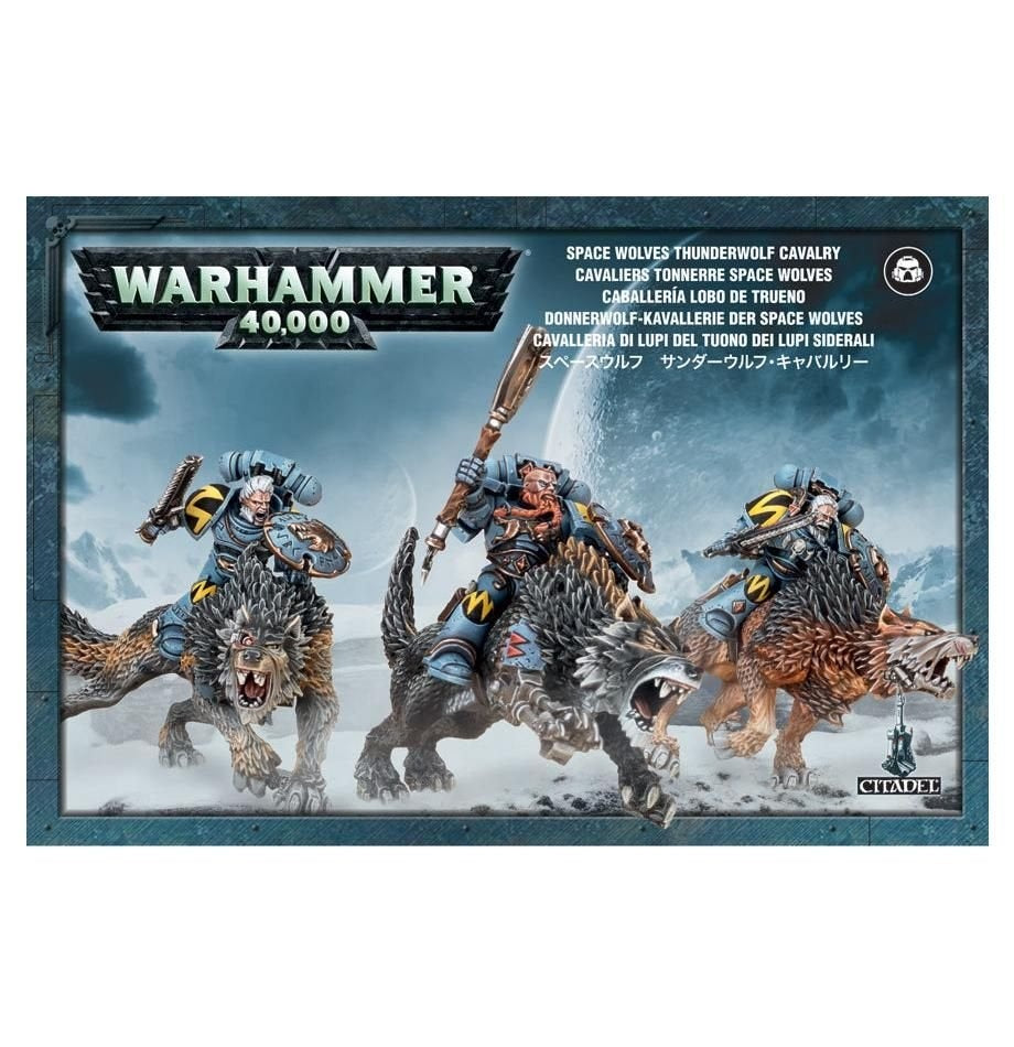 Box artwork for Space Wolves Thunderwolf Cavalry shows three armored riders on large snarling wolves in a snowy battle scene. Their blue-gray armor has yellow markings, and the central rider raises a weapon; “WARHAMMER 40,000” and “CITADEL” appear on the package.