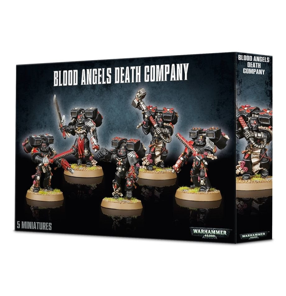 Box for Blood Angels: Death Company miniatures, with five black-and-red armored sci-fi soldiers carrying weapons on tan bases pictured across the front and one soldier repeated on the right side. The box reads “BLOOD ANGELS DEATH COMPANY” and “5 MINIATURES.”