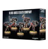 Box for Blood Angels: Death Company miniatures, with five black-and-red armored sci-fi soldiers carrying weapons on tan bases pictured across the front and one soldier repeated on the right side. The box reads “BLOOD ANGELS DEATH COMPANY” and “5 MINIATURES.”