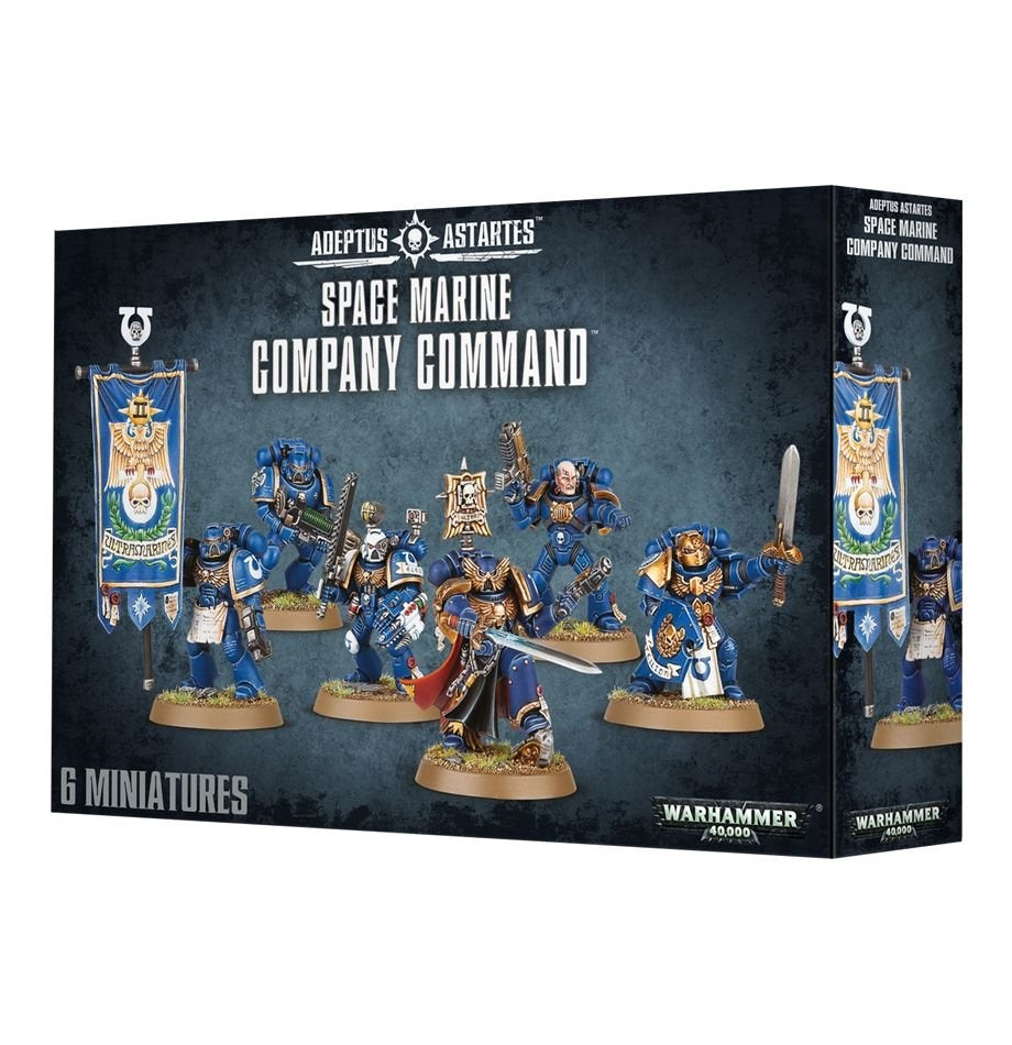 Front and right side of a dark blue Space Marine Company Command miniature box, showing six blue-armored figures, including a banner bearer, with gold and white details on round bases. The front reads “SPACE MARINE COMPANY COMMAND” and “6 MINIATURES.”