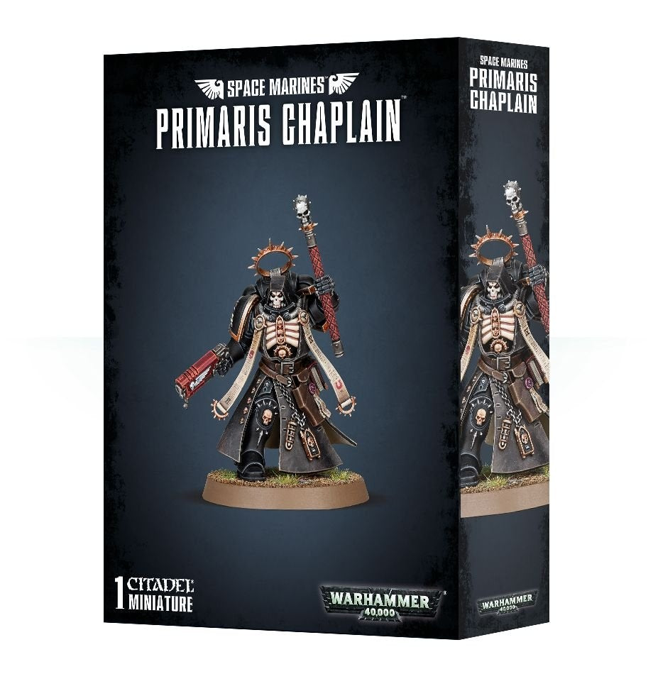 Black Primaris Chaplain miniature box shown from the front and right side, with artwork of a skull-helmeted figure in dark armor, holding red weapons on a round base. The front reads “SPACE MARINES” and “PRIMARIS CHAPLAIN.”