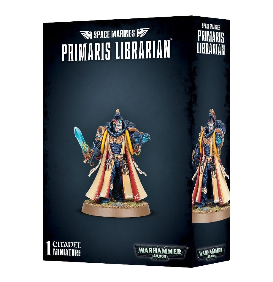 Black box for a Primaris Librarian miniature, with front and side views of a blue-armored figure wearing cream and red robes and holding a turquoise sword. The front reads “SPACE MARINES” and “PRIMARIS LIBRARIAN.”